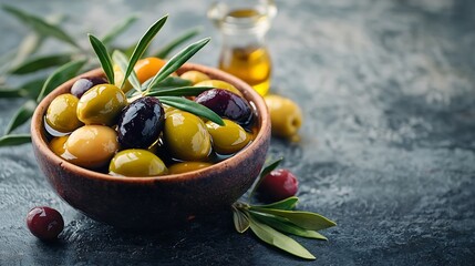 Poster - Olives assortment in bowl with oil Stone background Close up : Generative AI