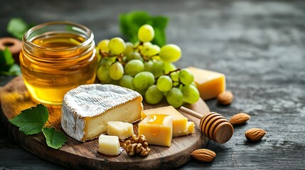 Poster - Assortment of cheese with honey nuts and grape on a rustic cutting board wooden background : Generative AI