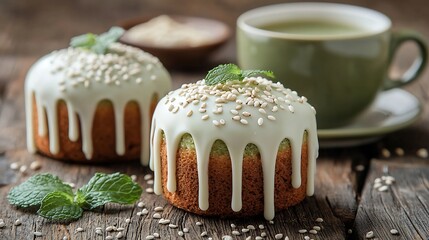 Aufkleber - Matcha green tea cakes with white chocolate glaze and sesame seeds with a cup of green tea and balm mint leaves on a wooden background : Generative AI