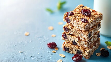 Poster - Oatmeal oat bars with dried cranberry and raisin with a bottle of milk on a white and blue background Healthy breakfast : Generative AI