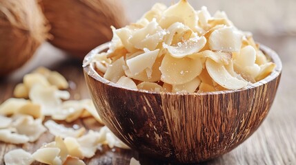 Poster - Organic Roasted Coconut Chips Flakes with Sugar and Salt Wooden bowl Stone background : Generative AI