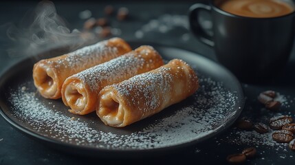 Poster - Cannoli Italian dessert on a plate with cup of coffee Grey background : Generative AI
