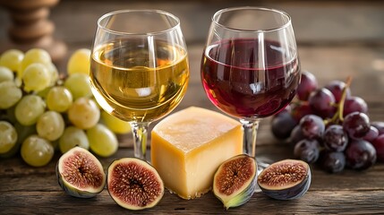 Poster - Cheese grape figs and honey with a glasses of red and white wine on a wooden background : Generative AI