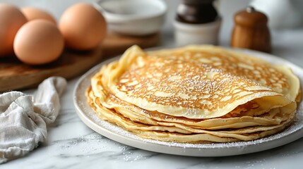 Poster - Crepes thin pancakes on a white plate Marble background Copy space Top view : Generative AI