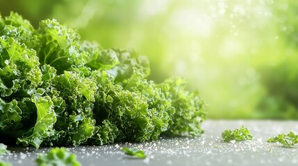 Aufkleber - Fresh kale leaves salad on light grey background Copy space Close up : Generative AI