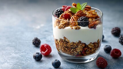 Poster - Healthy breakfast Molasses glazed granola with pecanswalnuts milk yogurt and fresh berries in a glass on blue and white background : Generative AI