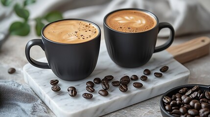 Poster - Black coffee in mugs with coffee pot on marble cutting board White background Copy space : Generative AI