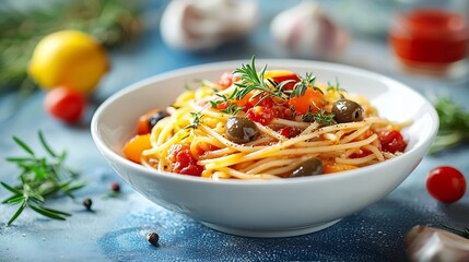 Poster - Spaghetti pasta with olives fresh herbs sauce in a white bowl Blue textile background : Generative AI