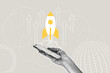 © Наталья Косаревич - Modern halftone collage. Concept of quick business startup, business success, strategic planning,startup business. Hand with phone , rocket taking off icon and up arrows. Modern business collage for
