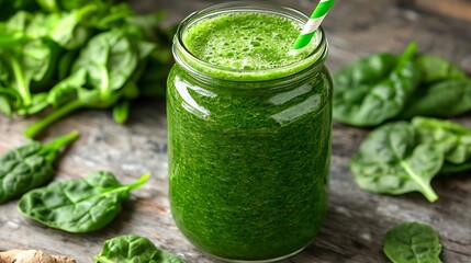 Poster - Spinach smoothie Healthy drink in glass jar on white wooden background Copy space : Generative AI