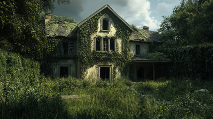 A desolate empty house with rotting wood and vines