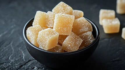 Poster - Candied ginger in black bowl on dark stone background Close up : Generative AI