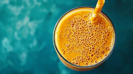Poster - Fresh mango smoothie juice on blue background Top view : Generative AI