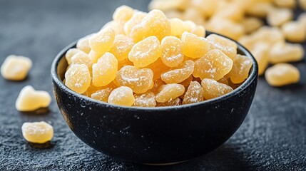 Poster - Candied ginger in black bowl on dark stone background Close up Copy space : Generative AI