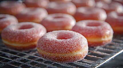 Poster - Donuts with sugar powder on cooling rack Copy space Top view : Generative AI