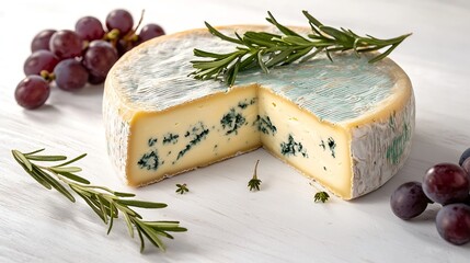 Poster - Blue mould mold cheese with fresh grape on a white wooden background : Generative AI