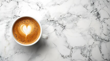 Poster - Coffee espresso in white cup of marble table background Top view Copy space : Generative AI
