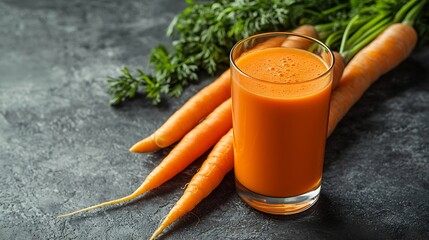 Aufkleber - Carrot juice in glass and fresh carrots Healthy food on a grey stone background : Generative AI