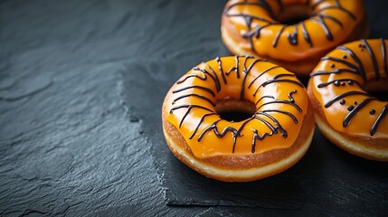 Poster - Donuts with Halloween decoration icing on black slate background Top view Close up : Generative AI