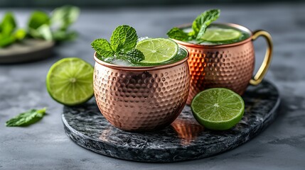 Aufkleber - Moscow mule cocktail in copper mug with fresh mint lime on marble board Grey background Copy space : Generative AI