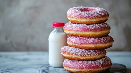 Poster - Donuts with bottle of milk on marble table Grey background : Generative AI