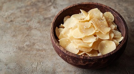 Poster - Organic Roasted Coconut Chips Flakes with Sugar and Salt Wooden bowl Stone background : Generative AI