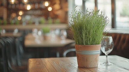 Poster - Restaurant empty glass setting with fresh green grass in a flowerpot : Generative AI