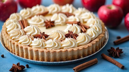 Poster - Apple pie with cream and cinnamon sticks on a blue background Selective focus : Generative AI