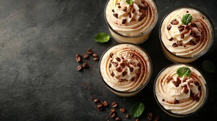 Poster - Tiramisu dessert in glasses Dark grey background Copy space Top view : Generative AI