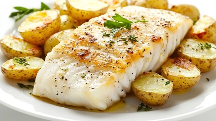 Wall Mural - Roasted cod codfish with baked potatoes and artichokes with lemon and herbs sauce on a white background : Generative AI