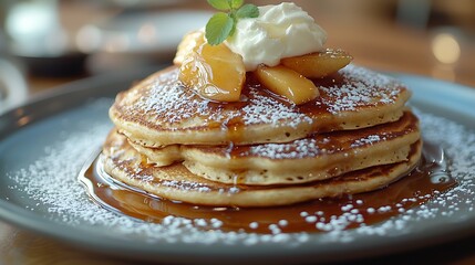 Poster - Buckwheat pancakes with poached apples and cream : Generative AI