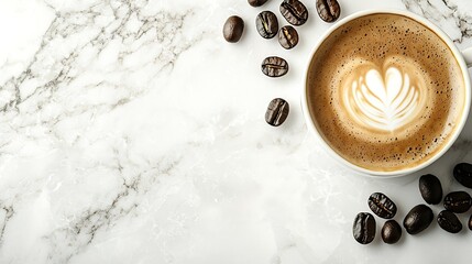 Poster - Cup of black coffee with coffee beans on marble table Copy space Top view : Generative AI