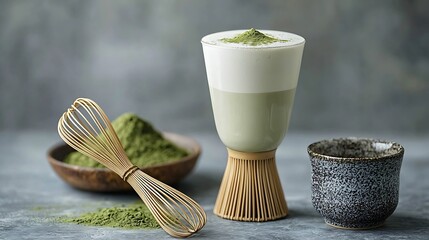 Aufkleber - Matcha green tea latte and bamboo whisk Grey and blue background Copy space : Generative AI