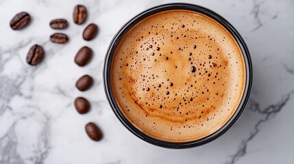 Poster - Cup of black coffee with coffee beans on marble table Close up Top view : Generative AI