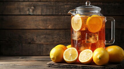 Aufkleber - Ice tea lemonade in glass and beverage dispenser with fresh lemons Wooden background Copy space : Generative AI