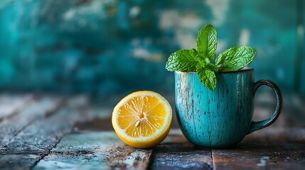 Aufkleber - Tea cup with mint leaf and lemon Wooden background Copy space : Generative AI