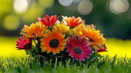 Aufkleber - Colorful flowers on green grass in sunlight Summer background : Generative AI