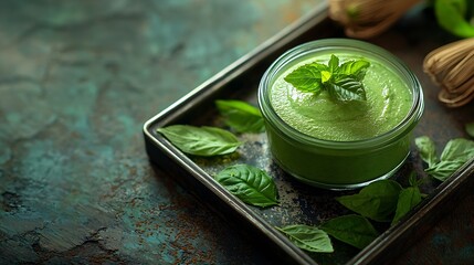 Aufkleber - Green tea matcha yogurt dessert mousse in a glass jar on a metal vintage tray on a wooden background : Generative AI