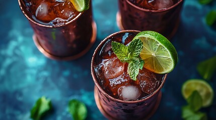 Leinwandbilder - Moscow Mules cocktail with ginger beer vodka lime and mint Grey background Close up Top view : Generative AI