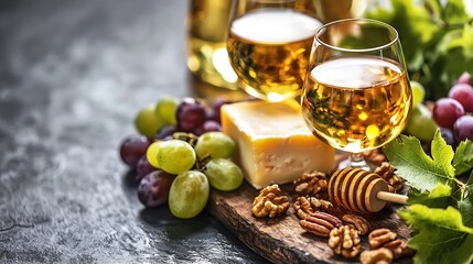 Poster - Assortment of cheese with honey nuts and grape on a rustic cutting board wooden background : Generative AI