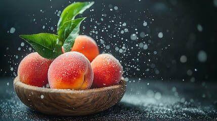 Poster - Fresh peaches on grey wooden background Close up Copy space : Generative AI