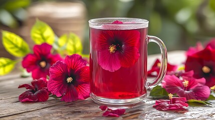 Aufkleber - Hibiscus tea in glass cup Grey background Copy space Outdoor background : Generative AI