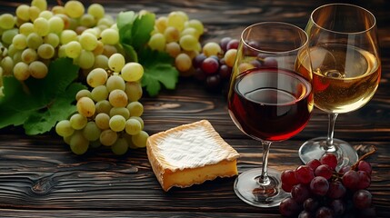 Poster - Assortment of cheese grapes with red and white wine in glasses Wooden background Top view : Generative AI
