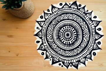 Sticker - Intricate mandala art displayed on a wooden table, showcasing a unique blend of patterns and shapes in black and white.