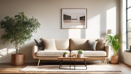 Elegant and comfortable designed beige living room with a big sofa