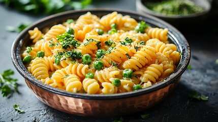 Poster - Pasta with green vegetables and creamy sauce in copper saucepan Grey background : Generative AI