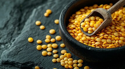 Aufkleber - Yellow lentil in black bowl and scoop on slate background Copy space : Generative AI
