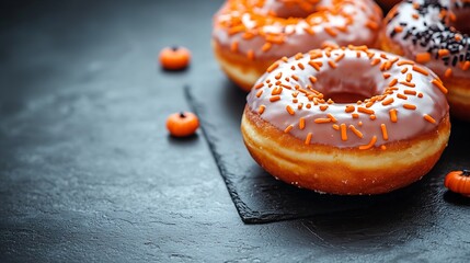 Poster - Donuts with Halloween decoration icing on black slate background Close up : Generative AI