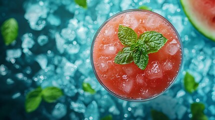 Poster - Watermelon fresh juice smoothie on blue textile background Top view : Generative AI