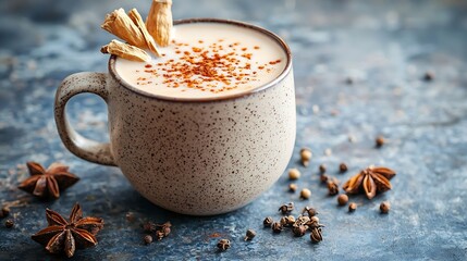 Aufkleber - Indian masala tea with milk and spices in mug Grey background Close up : Generative AI